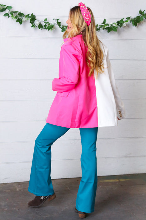 Haptics Fuchsia & Cream Silky Half & Half Buttoned Blazer