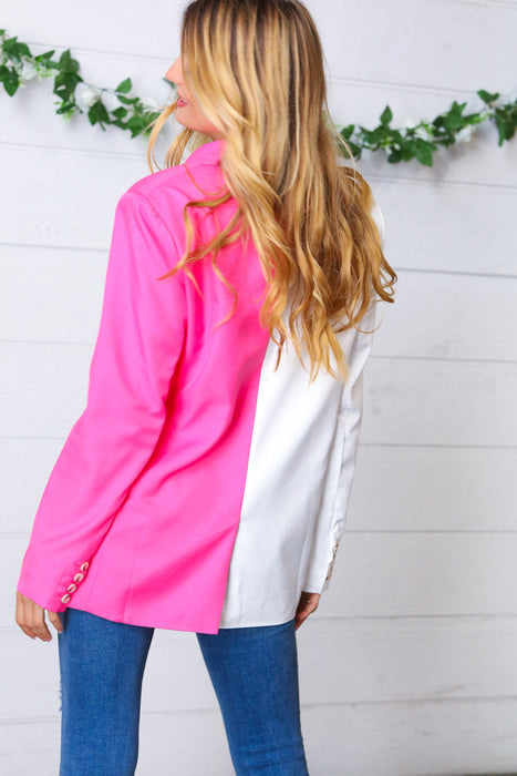 Haptics Fuchsia & Cream Silky Half & Half Buttoned Blazer