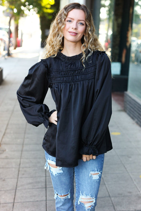 Black Satin Shirred Yoke Frilled Mock Neck Top