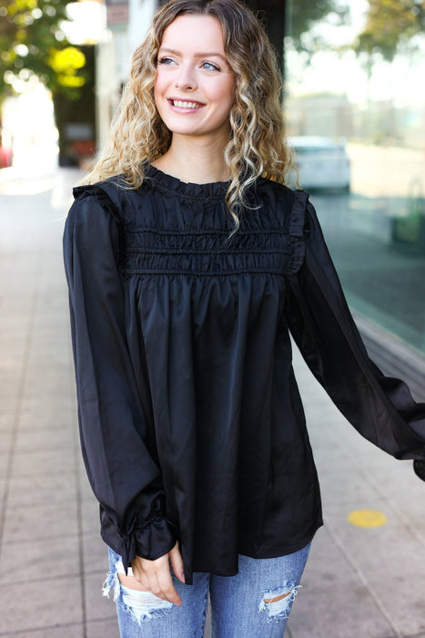 Black Satin Shirred Yoke Frilled Mock Neck Top