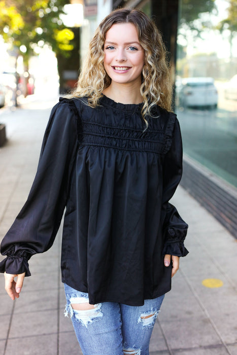 Black Satin Shirred Yoke Frilled Mock Neck Top