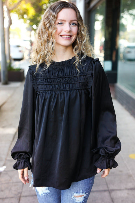 Black Satin Shirred Yoke Frilled Mock Neck Top