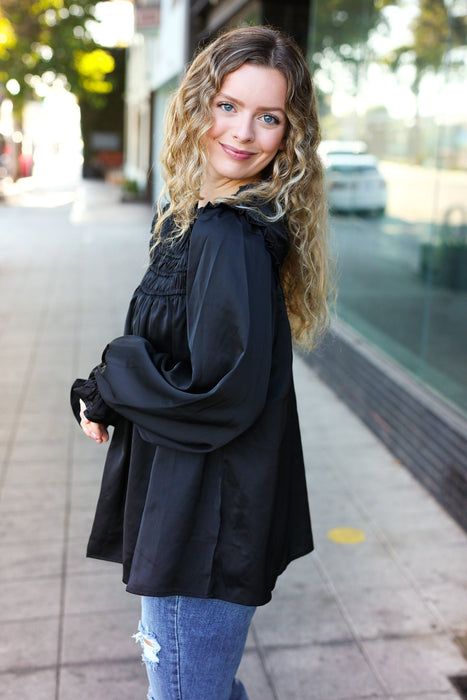 Black Satin Shirred Yoke Frilled Mock Neck Top