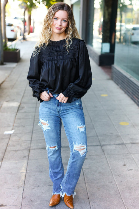 Black Satin Shirred Yoke Frilled Mock Neck Top