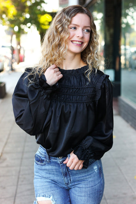 Black Satin Shirred Yoke Frilled Mock Neck Top