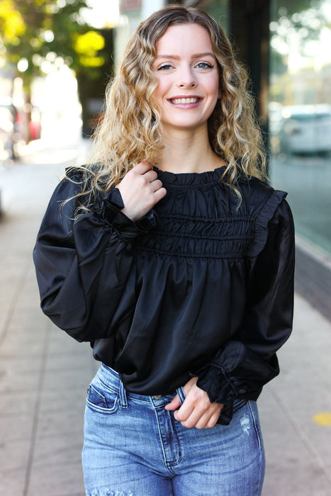 Black Satin Shirred Yoke Frilled Mock Neck Top