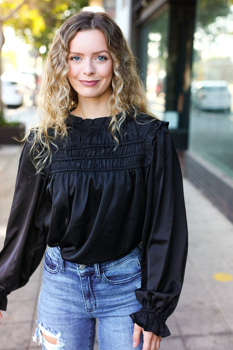 Black Satin Shirred Yoke Frilled Mock Neck Top