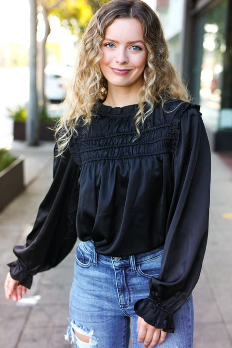 Black Satin Shirred Yoke Frilled Mock Neck Top