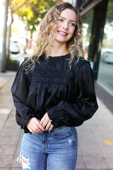 Black Satin Shirred Yoke Frilled Mock Neck Top