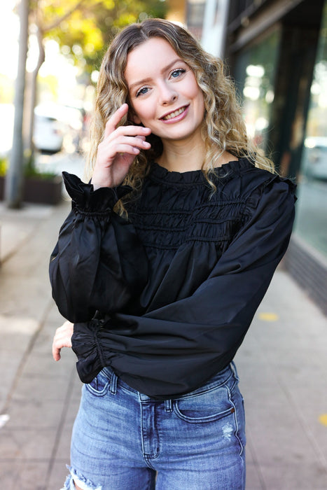 Black Satin Shirred Yoke Frilled Mock Neck Top