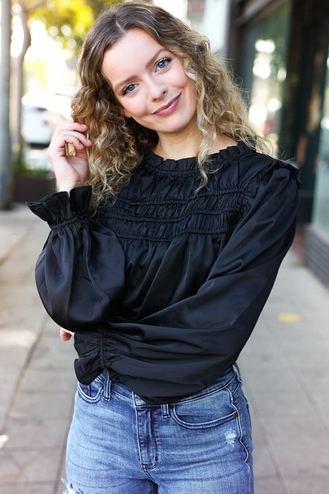 Black Satin Shirred Yoke Frilled Mock Neck Top