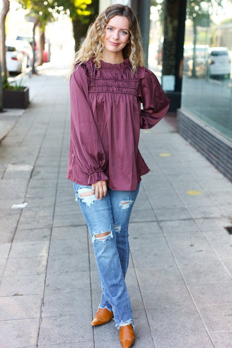 Wine Satin Shirred Yoke Frilled Mock Neck Top