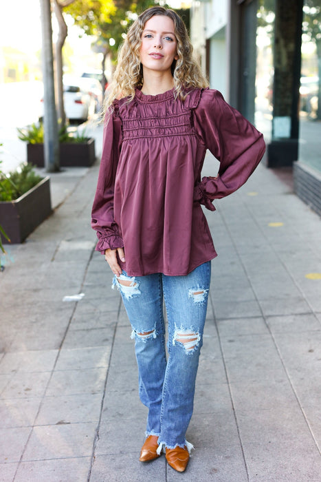 Wine Satin Shirred Yoke Frilled Mock Neck Top