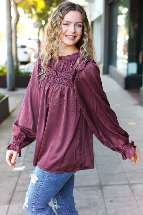 Wine Satin Shirred Yoke Frilled Mock Neck Top