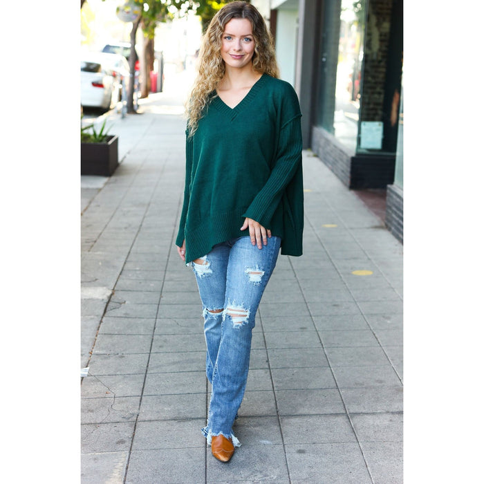 Hunter Green Oversized V Neck Rib Knit Sweater