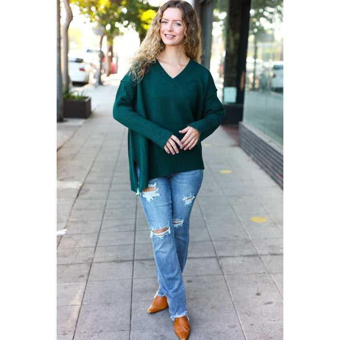 Hunter Green Oversized V Neck Rib Knit Sweater