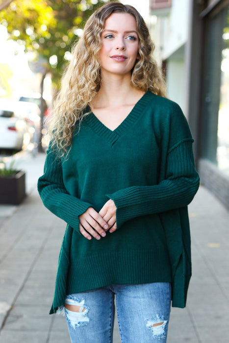 Hunter Green Oversized V Neck Rib Knit Sweater