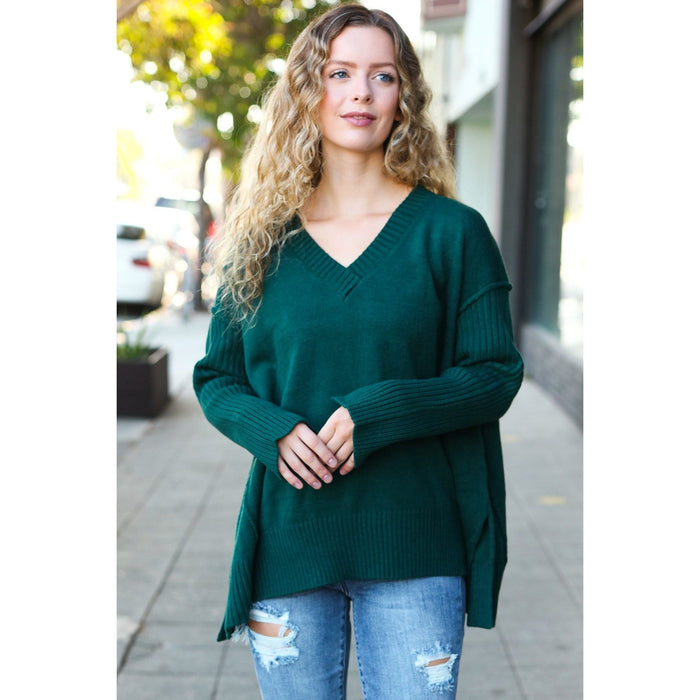 Hunter Green Oversized V Neck Rib Knit Sweater