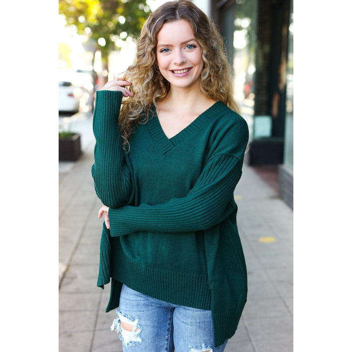 Hunter Green Oversized V Neck Rib Knit Sweater