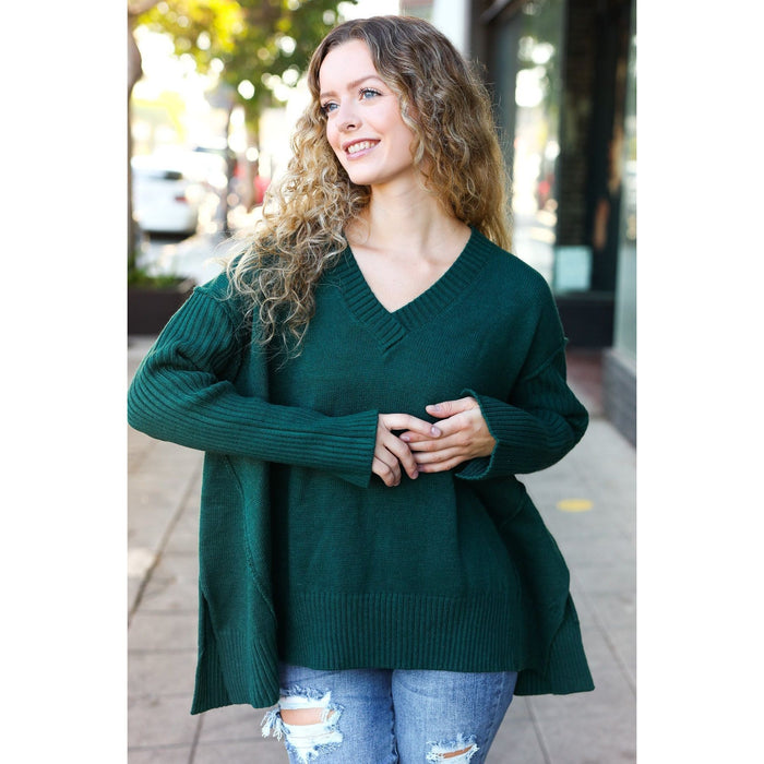 Hunter Green Oversized V Neck Rib Knit Sweater