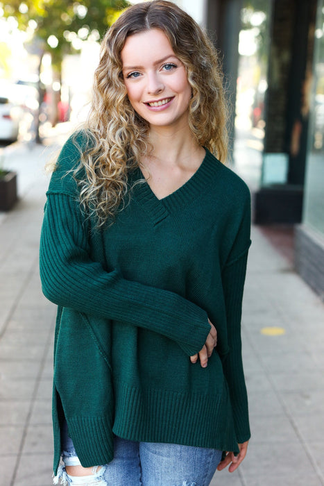 Hunter Green Oversized V Neck Rib Knit Sweater