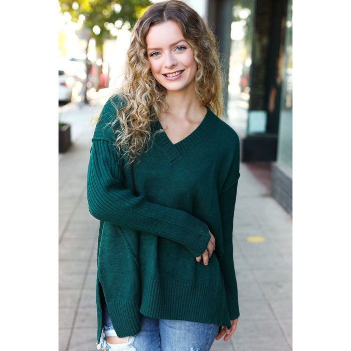 Hunter Green Oversized V Neck Rib Knit Sweater