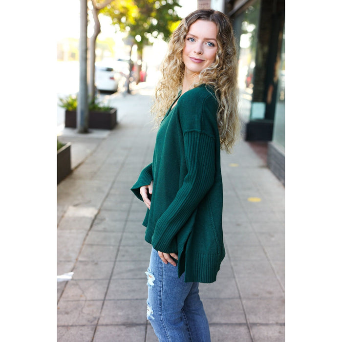 Hunter Green Oversized V Neck Rib Knit Sweater