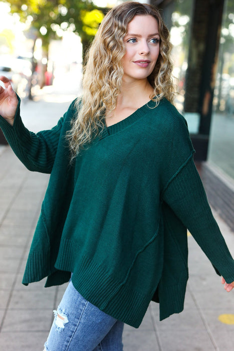 Hunter Green Oversized V Neck Rib Knit Sweater