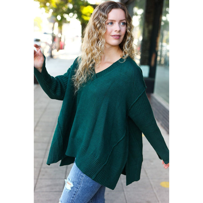 Hunter Green Oversized V Neck Rib Knit Sweater