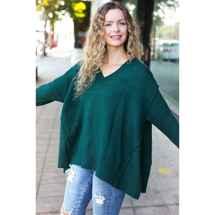 Hunter Green Oversized V Neck Rib Knit Sweater