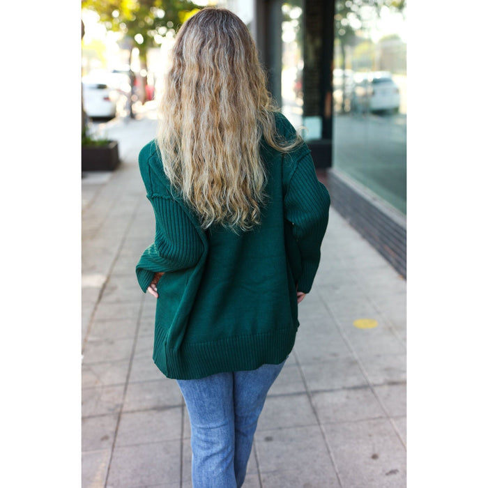 Hunter Green Oversized V Neck Rib Knit Sweater