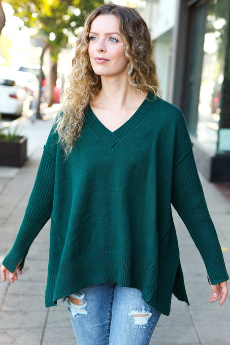 Hunter Green Oversized V Neck Rib Knit Sweater