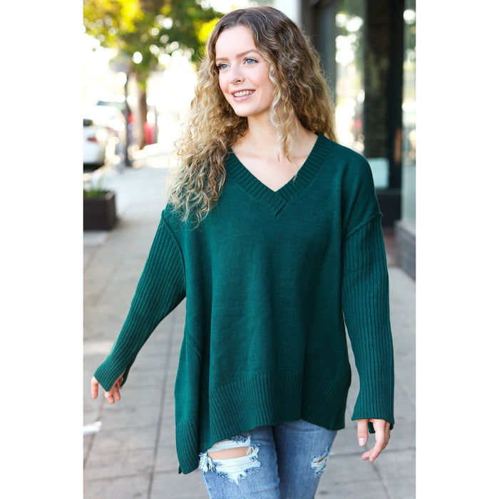 Hunter Green Oversized V Neck Rib Knit Sweater