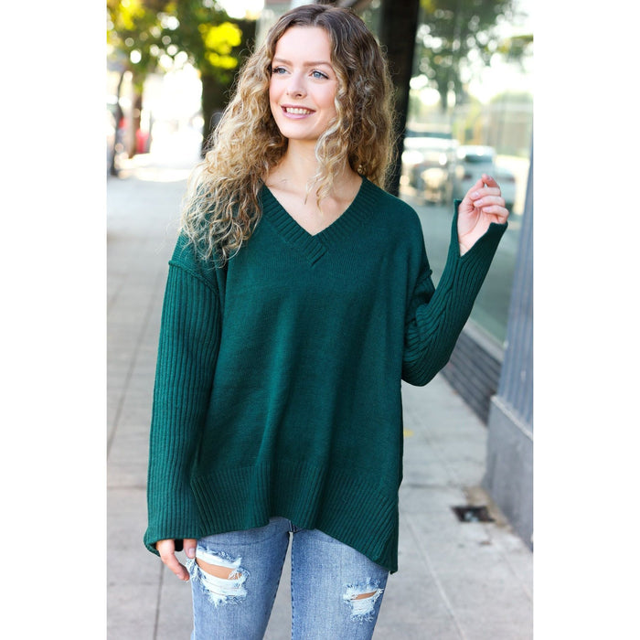 Hunter Green Oversized V Neck Rib Knit Sweater