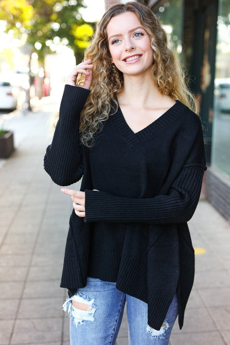 Black Oversized V Neck Rib Knit Sweater