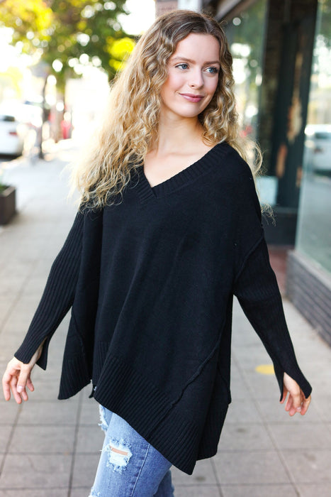 Black Oversized V Neck Rib Knit Sweater