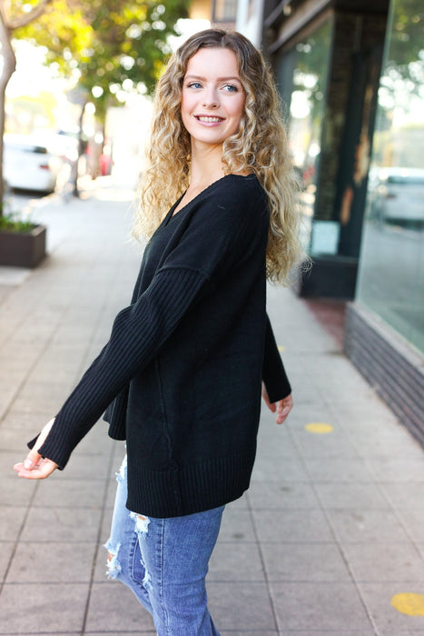 Black Oversized V Neck Rib Knit Sweater