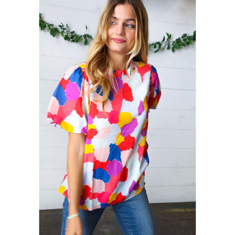 Multicolor Print Frilled Mock Neck Puff Sleeve Top