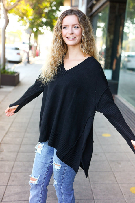 Black Oversized V Neck Rib Knit Sweater