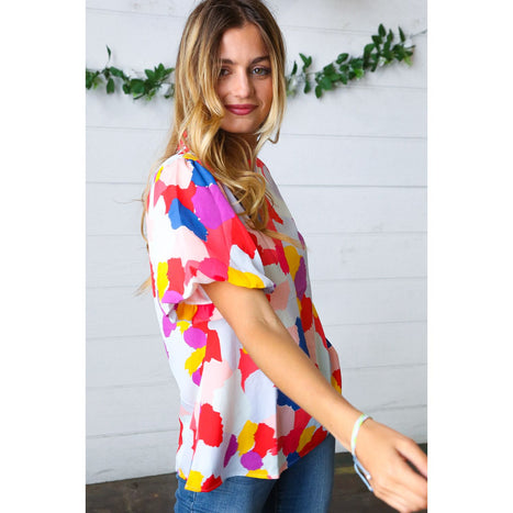 Multicolor Print Frilled Mock Neck Puff Sleeve Top