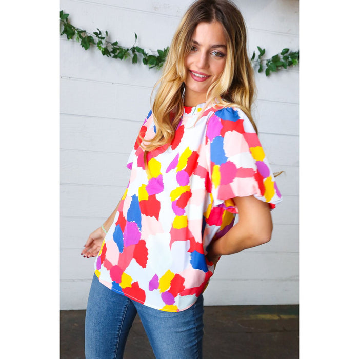 Multicolor Print Frilled Mock Neck Puff Sleeve Top