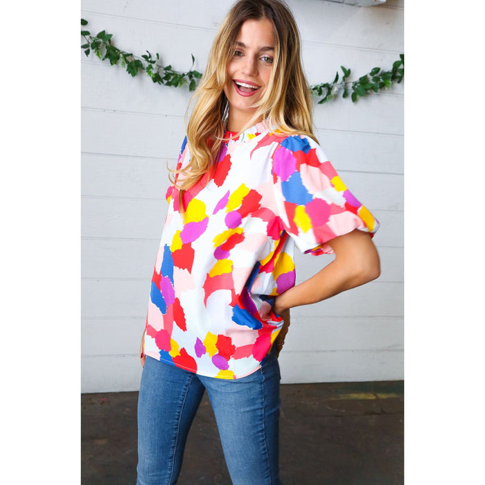 Multicolor Print Frilled Mock Neck Puff Sleeve Top