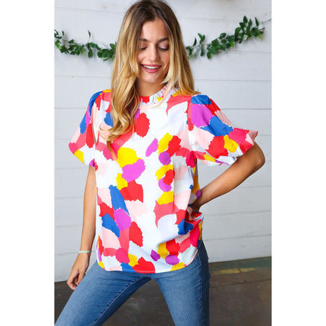 Multicolor Print Frilled Mock Neck Puff Sleeve Top