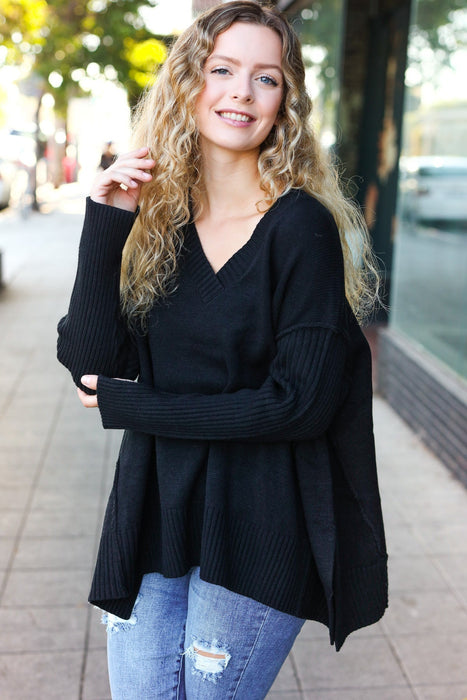 Black Oversized V Neck Rib Knit Sweater