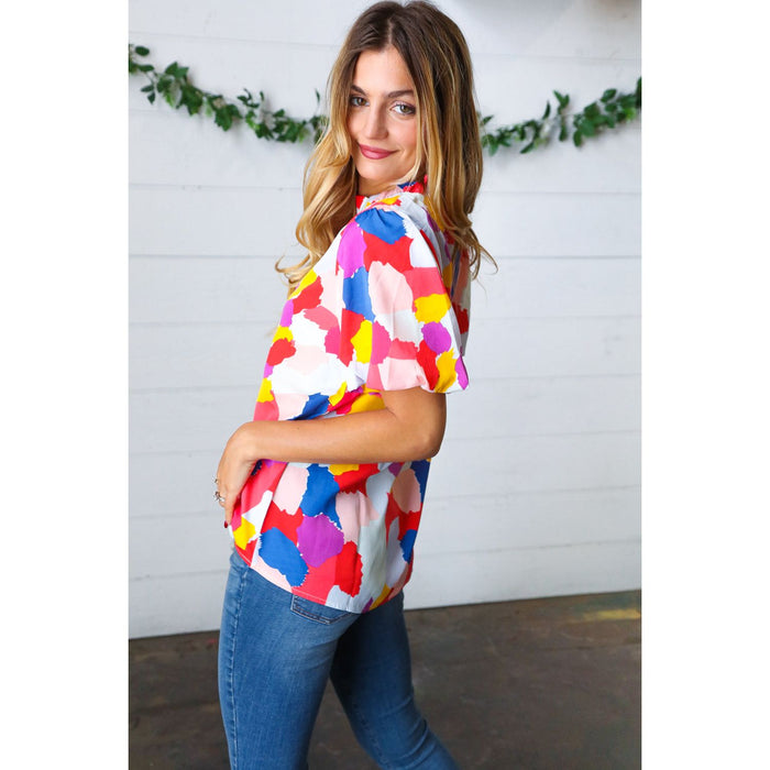 Multicolor Print Frilled Mock Neck Puff Sleeve Top