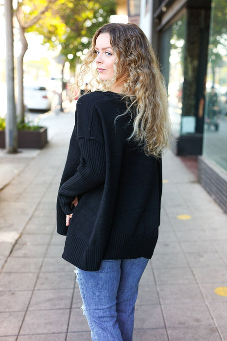 Black Oversized V Neck Rib Knit Sweater