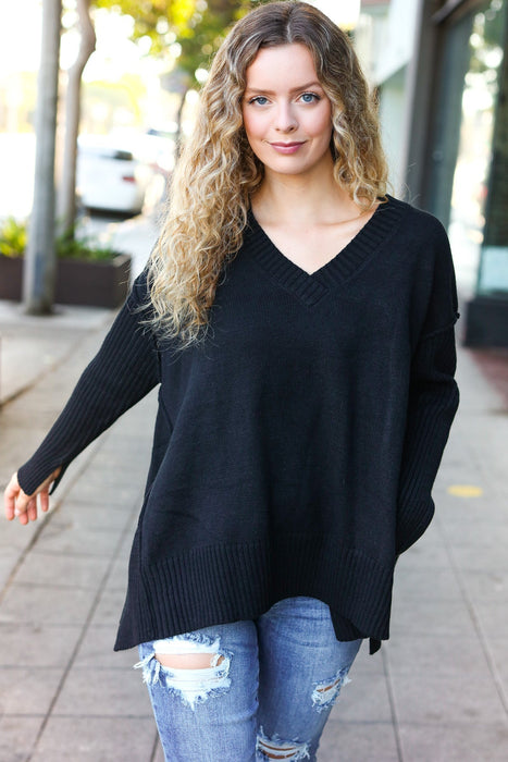 Black Oversized V Neck Rib Knit Sweater