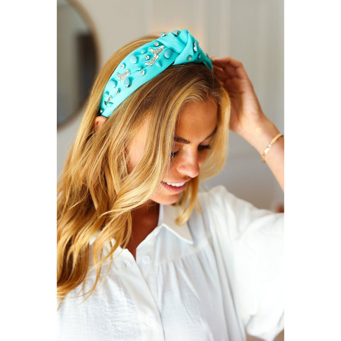 Turquoise Stone & Gem Cowboy Boot Embellished Top Knot Headband