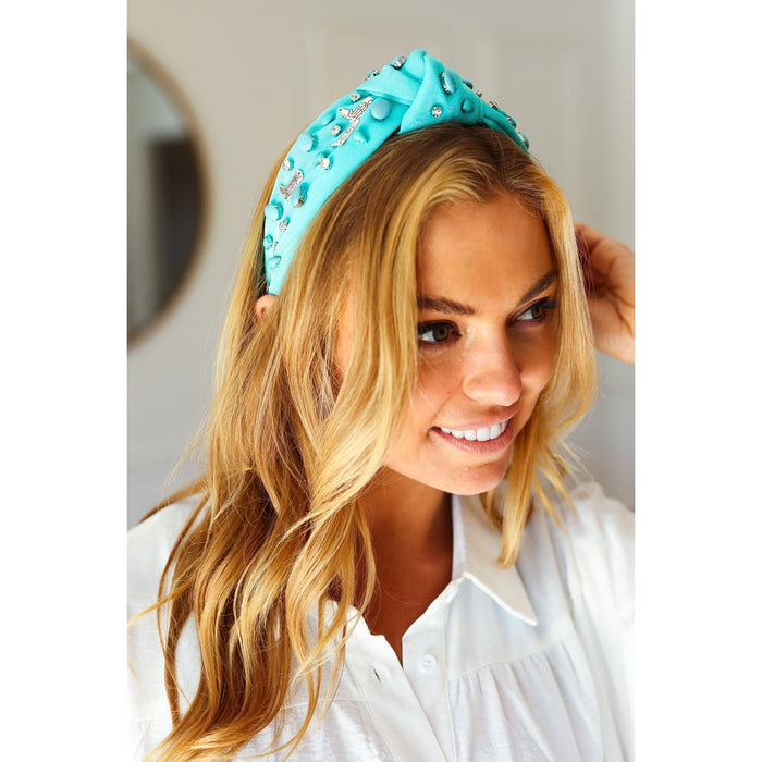 Turquoise Stone & Gem Cowboy Boot Embellished Top Knot Headband