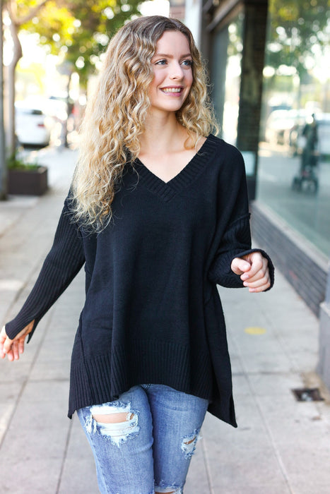 Black Oversized V Neck Rib Knit Sweater